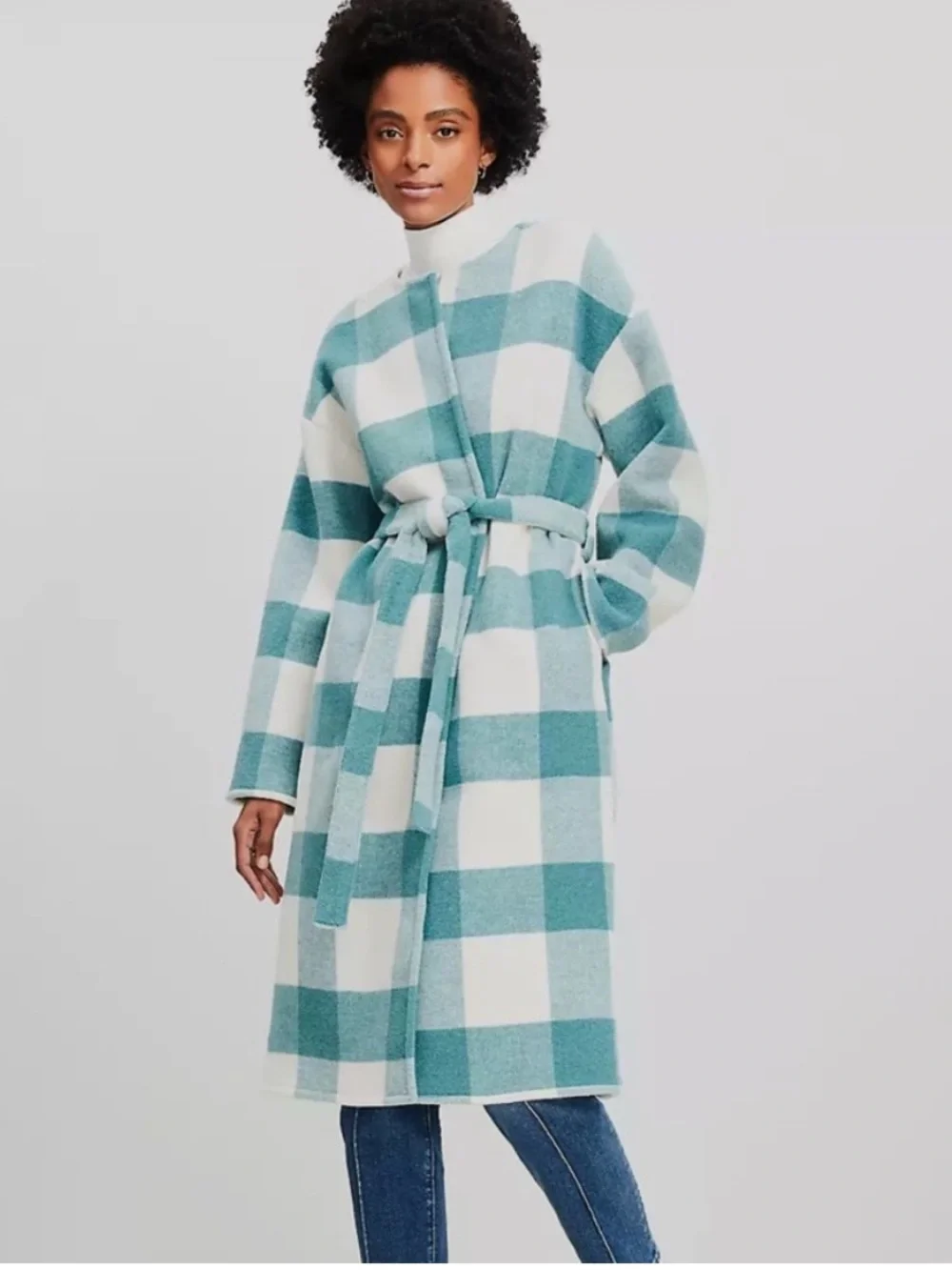 Striped Belted Fringe Multi coat in White, Light Blue & Navy (worn 2x)